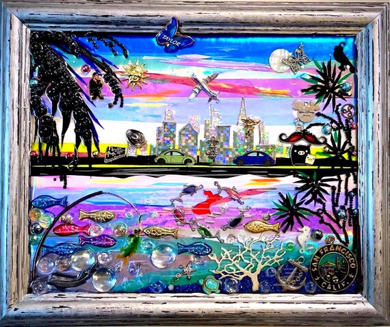 Fishing in the City, Framed Jewelry One of a Kind Art, Unique Gift, Home Decor