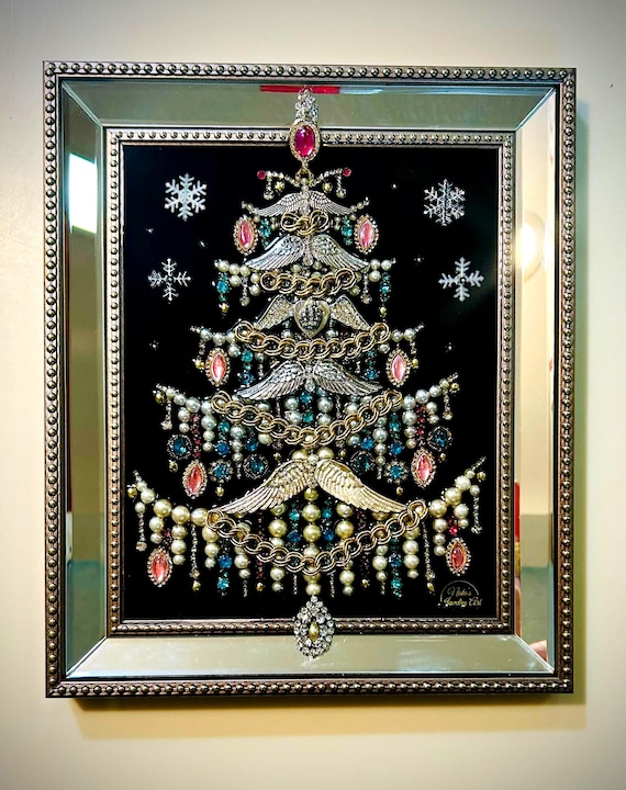 Christmas Tree, Framed Jewelry One of a Kind Art, Unique Gift, Wall Decor
