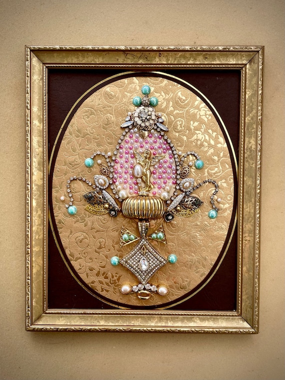Easter Egg, Framed Jewelry One of a Kind Art, Unique Gift, Vintage Style Home Decor
