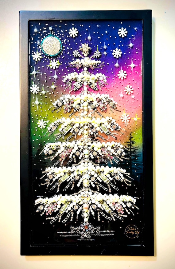 Christmas Tree, Framed Jewelry One of a Kind Art, Unique Gift, Home Decor