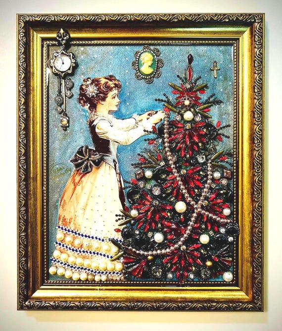 Vintage Christmas, Framed Jewelry One of a Kind Art, Unique Gift, Wall Decor