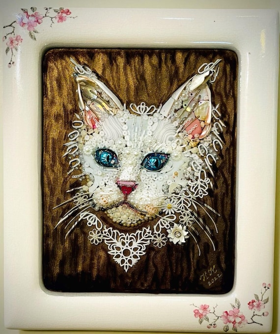 Cat Portrait, Framed Jewelry One of a Kind Art, Unique Gift, Home Decor