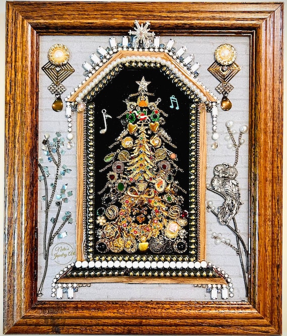 Christmas Window, Framed Jewelry One of a Kind Art, Unique Gift, Vintage Style Wall Decor