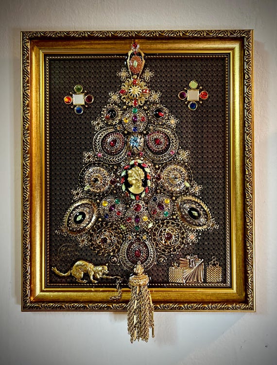 Christmas Tree, Framed Jewelry One of a Kind Art, Unique Gift, Wall Decor