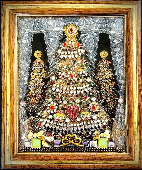 Christmas Tree, Framed Jewelry One of a Kind Art, Unique Gift, Vintage Style Wall Decor