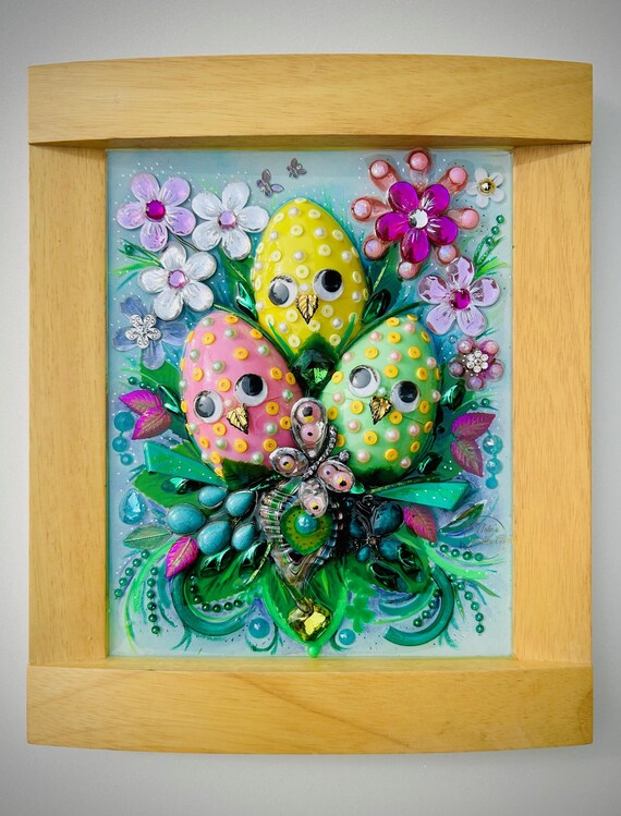 Easter Eggs, Framed Jewelry One of a Kind Art, Unique Gift, Vintage Style Home Decor