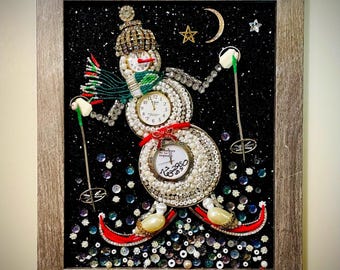 Snowman, Framed Jewelry One of a Kind Art, Unique Gift, Home Decor