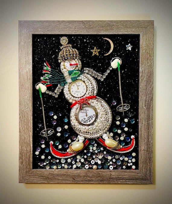 Snowman, Framed Jewelry One of a Kind Art, Unique Gift, Home Decor