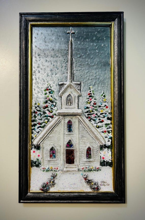 Christmas Church Framed Jewelry Art: Rhinestones, Beads, Angel Charm