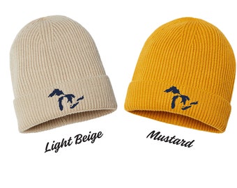 Michigan Great Lakes Beanie - Embroidered - Fine Rib Knit - Cozy Beanie