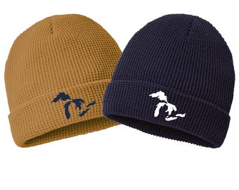 Michigan Great Lakes Beanie - Embroidered - Waffle Cuff - Cozy Beanie - R