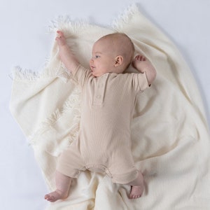Neutral Beige Baby Romper with Short Sleeves and Popper Placket | Ribbed Organic Cotton Baby Gift | Unisex Summer Baby Clothes UK