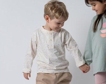 Organic Cotton Kids Long Sleeve T-Shirt with Buttons – Ecru with Pastel Flecks – Boxy Fit – GOTS Certified – UK Design