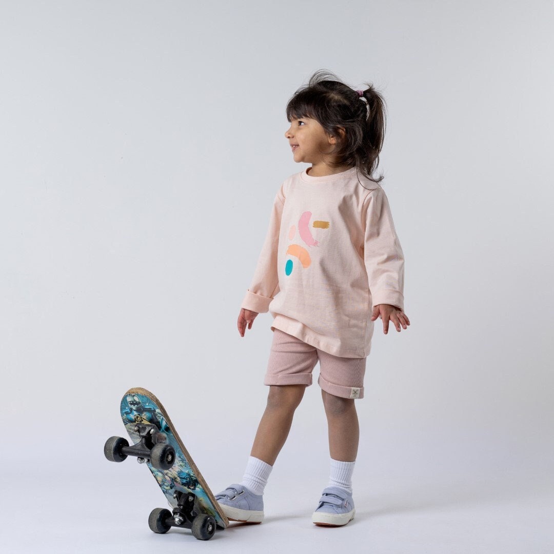 Organic Cotton Girls T-Shirt in Dusty Pink with Brushstroke Print | Comfy Oversized Fit | Designed in the UK | Toddler to Age 6