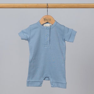 Baby Blue Romper | Short Sleeve Playsuit with Popper Placket | Ribbed Organic Cotton Baby Outfit | Summer Baby | Boys Baby Clothes UK