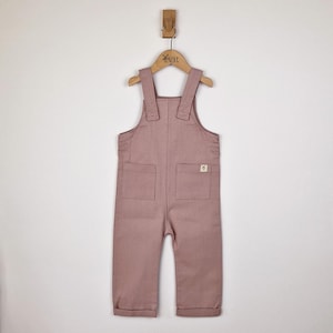 Pink Kids Dungarees | Organic Cotton Baby Girl Dungarees | Adjustable Boxy Fit Overalls with Pockets | Dusty Pink | UK Designed, Small Runs