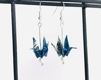 Unique origami blue bird earrings, Japanese white crane on blue paper earrings, unique best friend gift, oriental style jewellery, Etsy UK