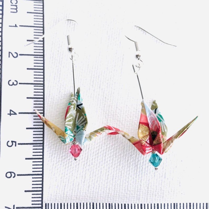 Quirky origami crane bird earrings, Swarovski crystals, Japanese paper art, unique oriental style gift, statement earrings, Etsy UK image 6