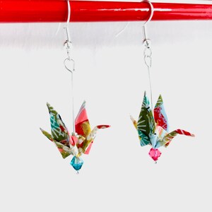 Quirky origami crane bird earrings, Swarovski crystals, Japanese paper art, unique oriental style gift, statement earrings, Etsy UK image 3