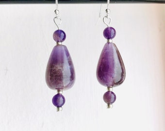 Natural amethyst teardrop gemstone earrings, elegant 925 silver kite earstuds, French hook option, origami earrings, unique gifts, Etsy UK