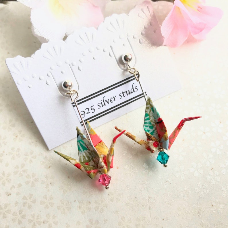 Quirky origami crane bird earrings, Swarovski crystals, Japanese paper art, unique oriental style gift, statement earrings, Etsy UK image 2
