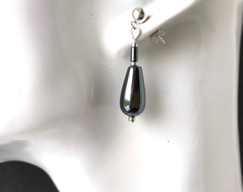 Elegant natural black haematite teardrop earrings, gemstone and origami earrings, 925 silver ball studs, unique Mothers Day gift, Etsy UK