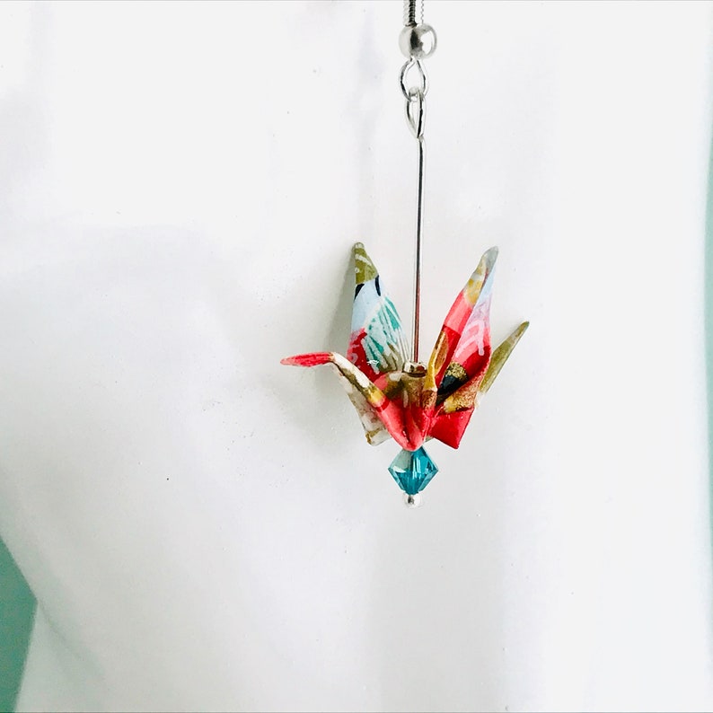 Quirky origami crane bird earrings, Swarovski crystals, Japanese paper art, unique oriental style gift, statement earrings, Etsy UK Turquoise Swarovski