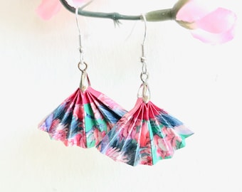 Origami pink and green fan earrings, unique gift, Japanese kimono design paper white cranes, artisan made, quirky earrings,  Etsy UK