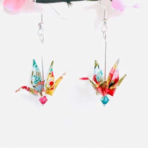 Quirky origami crane bird earrings, Swarovski crystals, Japanese paper art, unique oriental style gift, statement earrings, Etsy UK image 1