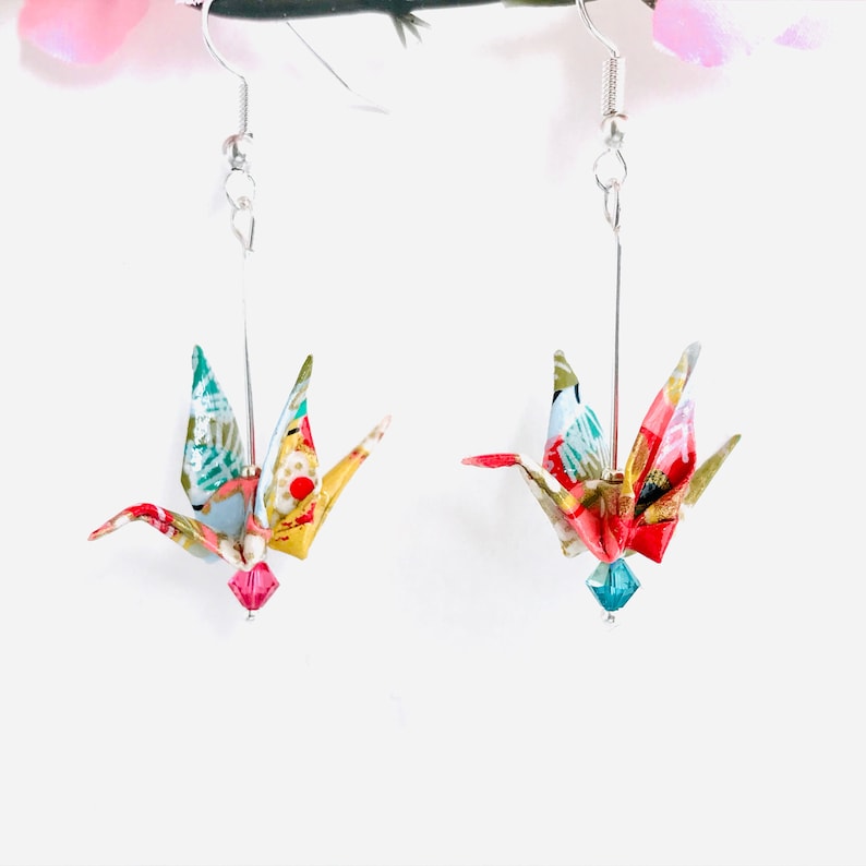 Quirky origami crane bird earrings, Swarovski crystals, Japanese paper art, unique oriental style gift, statement earrings, Etsy UK image 1