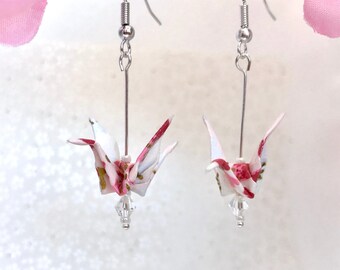 Origami Crane Earrings, Pink Cherry Blossom Paper, Japanese Kawaii Bird