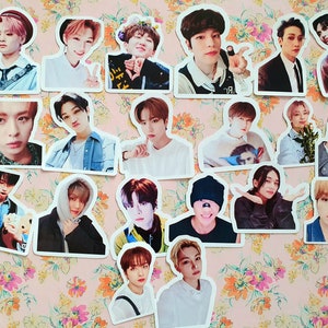 Puede incluir: Una colecci&oacute;n de 19 pegatinas con diferentes retratos de hombres j&oacute;venes. Las pegatinas est&aacute;n impresas en papel blanco con bordes redondeados. El fondo es un patr&oacute;n floral rosa.