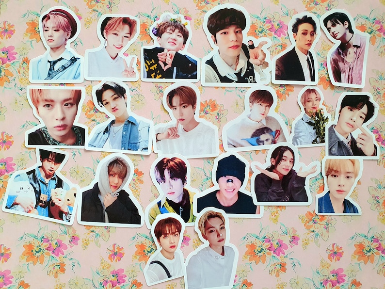 Puede incluir: Una colecci&oacute;n de 19 pegatinas con diferentes retratos de hombres j&oacute;venes. Las pegatinas est&aacute;n impresas en papel blanco con bordes redondeados. El fondo es un patr&oacute;n floral rosa.