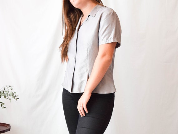 grey silk blouse / gray silk blouse / short sleeve