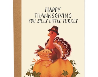 May include: A Thanksgiving greeting card featuring a cartoon turkey wearing a pilgrim hat and holding a pie, sitting on a pumpkin with green vines. The card reads "Happy Thanksgiving You Silly Little Turkey".