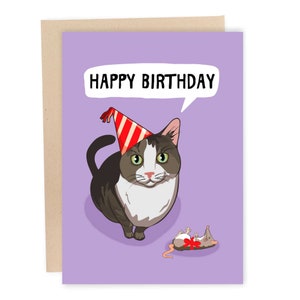 Happy Birthday Cat And Dead Mouse Gift, Funny Birthday Card, Pet Greeting Card For Her, Card From The Cat, Cat Lover Card