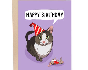 Happy Birthday Cat And Dead Mouse Gift, Funny Birthday Card, Pet Greeting Card For Her, Card From The Cat, Cat Lover Card