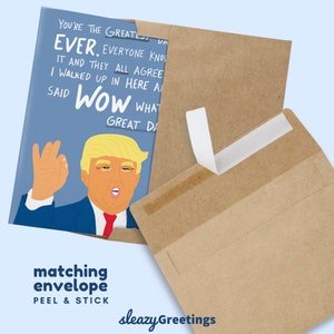 Puede incluir: Tarjeta de felicitaci&oacute;n humor&iacute;stica con una imagen de dibujos animados de un hombre y el texto "YOU'RE THE GREATEST EVER". Se incluye un sobre marr&oacute;n a juego con cierre adhesivo. Se ve el nombre de la marca "sleazy Greetings".