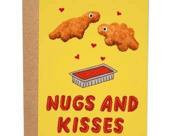Nugs And Kisses Funny Anniversary Card, Gift For Wife, Valentine&#39;s Day Greeting Card, Funny Love Card For Him, Xoxo, Dinosaur, Nuggets