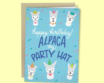 Funny Happy Birthday Card, Alpaca Funny Birthday card, Pun Aplaca Party Hat Birthday Card
