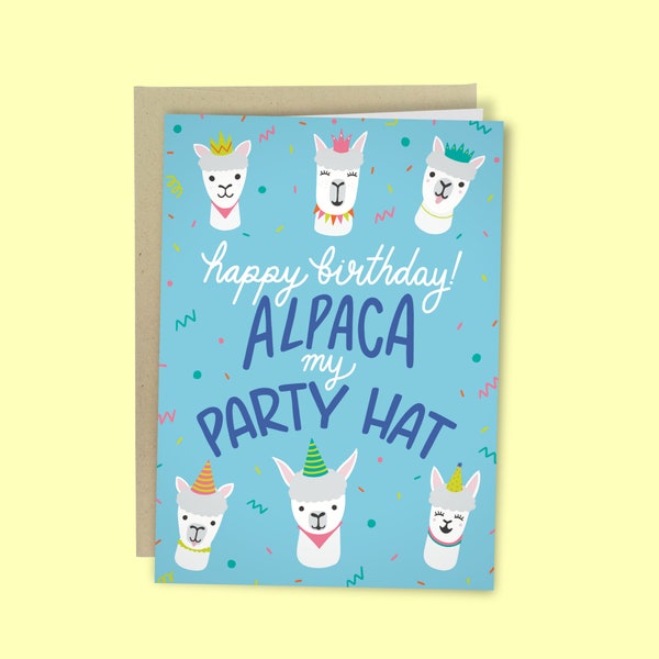 Funny Happy Birthday Card, Alpaca Funny Birthday card, Pun Aplaca Party Hat Birthday Card