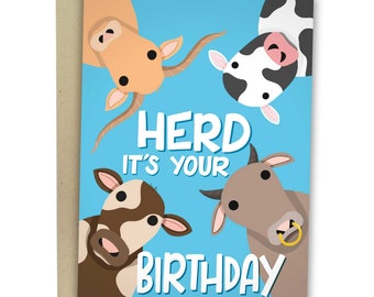Herd It's Your Birthday, Funny Birthday Card, Cow Greeting Card For Him, Pun Animal Lover Punny Card For Her, Farm Card For Husband