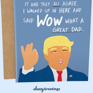Puede incluir: Una tarjeta de felicitaci&oacute;n con una ilustraci&oacute;n de dibujos animados de un hombre con un traje azul y una corbata roja, haciendo un gesto de la mano de "ok". El texto dice "WOW QU&Eacute; GRAN PAP&Aacute;". La tarjeta tiene un fondo azul y el logotipo "sleazy Greetings".