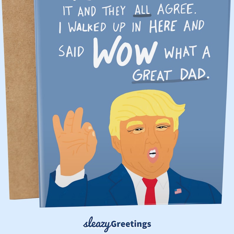 Puede incluir: Una tarjeta de felicitaci&oacute;n con una ilustraci&oacute;n de dibujos animados de un hombre con un traje azul y una corbata roja, haciendo un gesto de la mano de "ok". El texto dice "WOW QU&Eacute; GRAN PAP&Aacute;". La tarjeta tiene un fondo azul y el logotipo "sleazy Greetings".