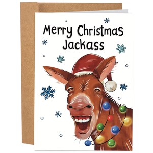 May include: A humorous Christmas card featuring a cartoon donkey wearing a Santa hat and a string of Christmas lights. The card reads "Merry Christmas Jackass".