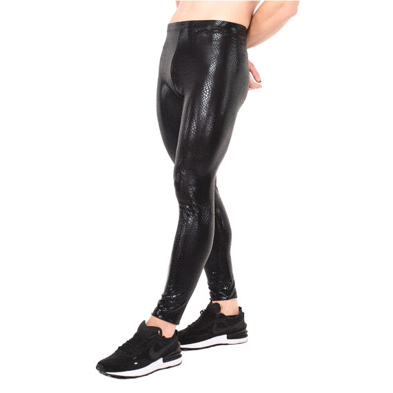 Shiny Black Metallic Men's Leggings, Black Shiny Meggings