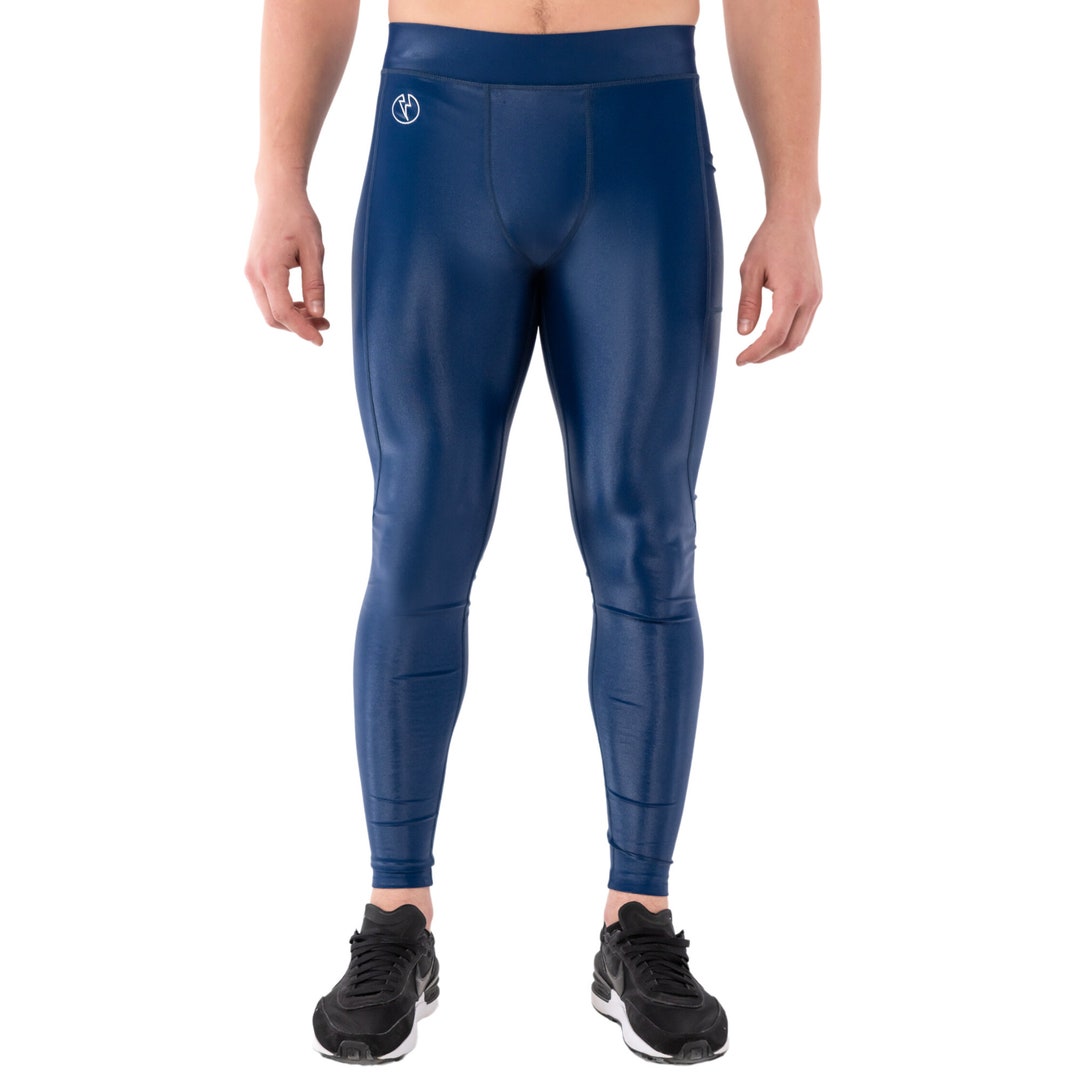 Trendy Blue Men's Gym Leggings, Men's Compression Leggings, Stretchy