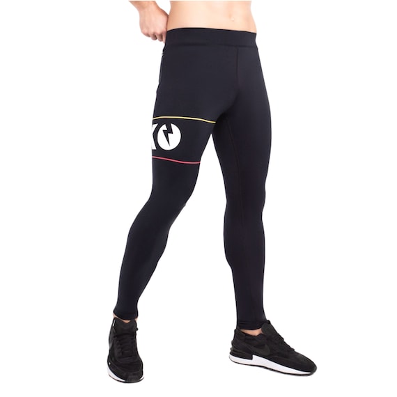 Men's Black Kapow Colour Leggings With Double Pockets, Running Strength Gym Athletic  Leggings, Stretchy Spandex Running Compression Leggings 