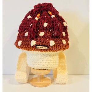 Crochet, amanita, mushroom, backpack,  bag, purse. Mushroomcore, cottagecore, fairycore. Drawstring , fringe, MADE TO ORDER!!!!
