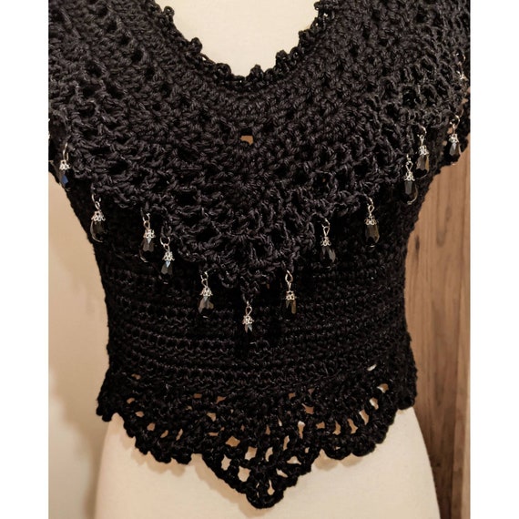 Black, Crochet, Lace, Victorian, Beads, Top, Formal Wear, Gothic